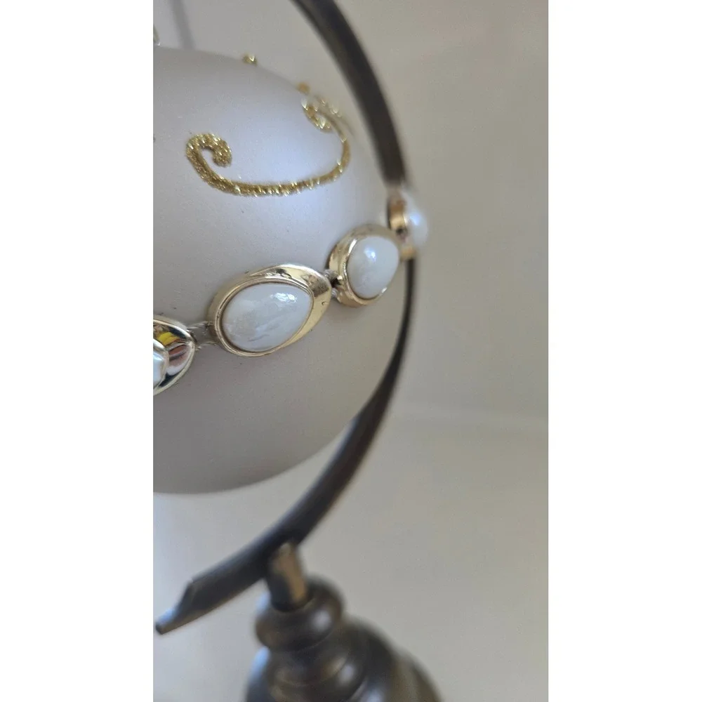 New Kurt Adler Cream Glass Ball Christmas Ornament Gold Faux Pearl Belt